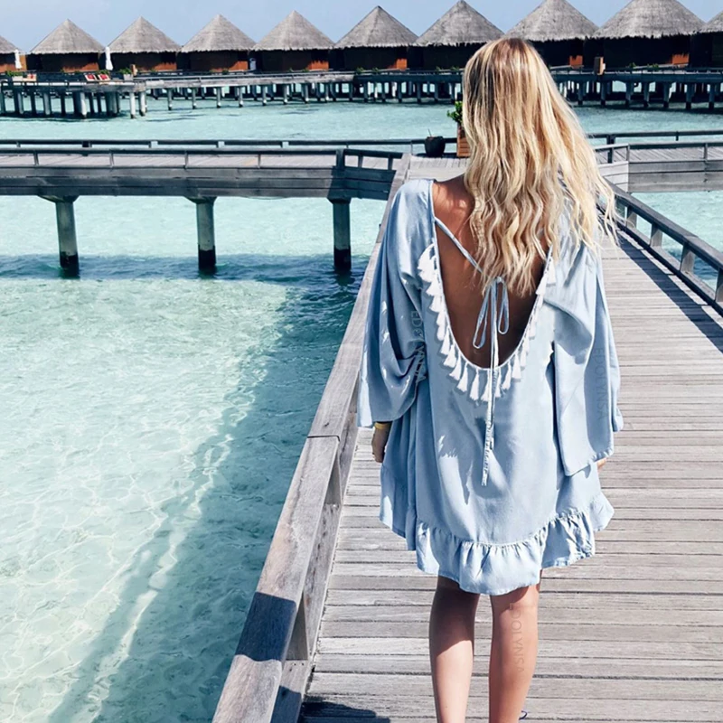 

2021 Sexy Open Back Long Sleeve Tassel Loose Summer Dress Blue Cotton Tunic Women Plus Size Beach Wear Clothes Mini Dresses A341