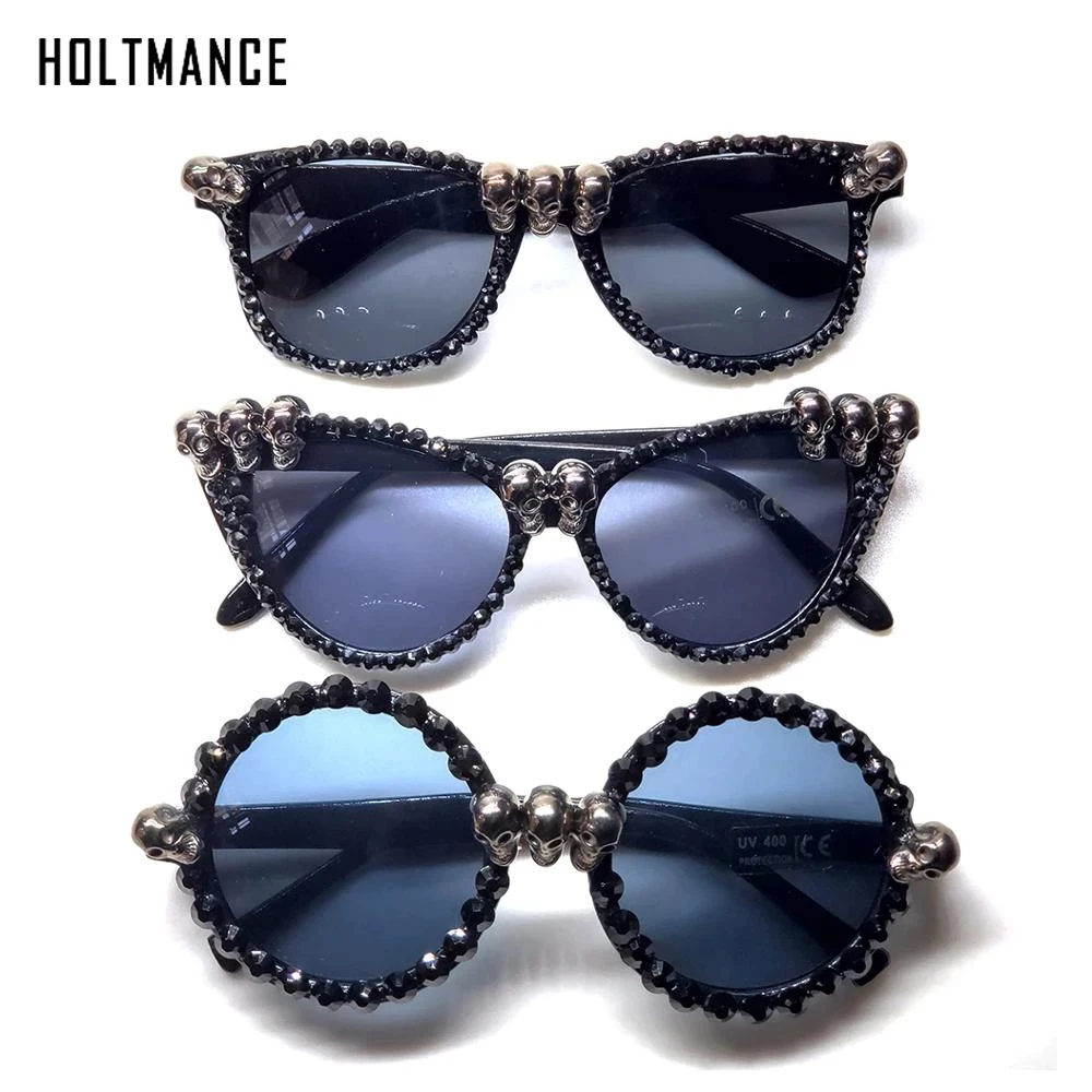 

Vintage Women Black Skull Rhinestone Halloween Sunglasses 2021 Trend Gorgeous Cat Eye Sun Glasses For Ladies Round Gothic Shades