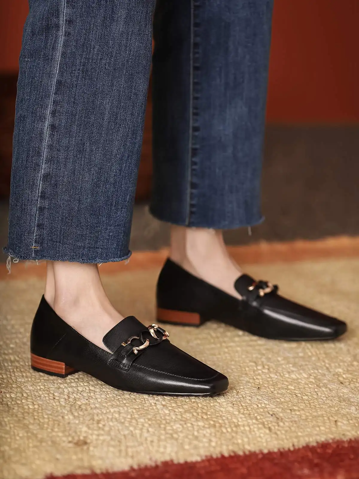

Krazing Pot leisure full grain leather metal decorations square toe thick low heel slip on daily wear convenient women pumps L20