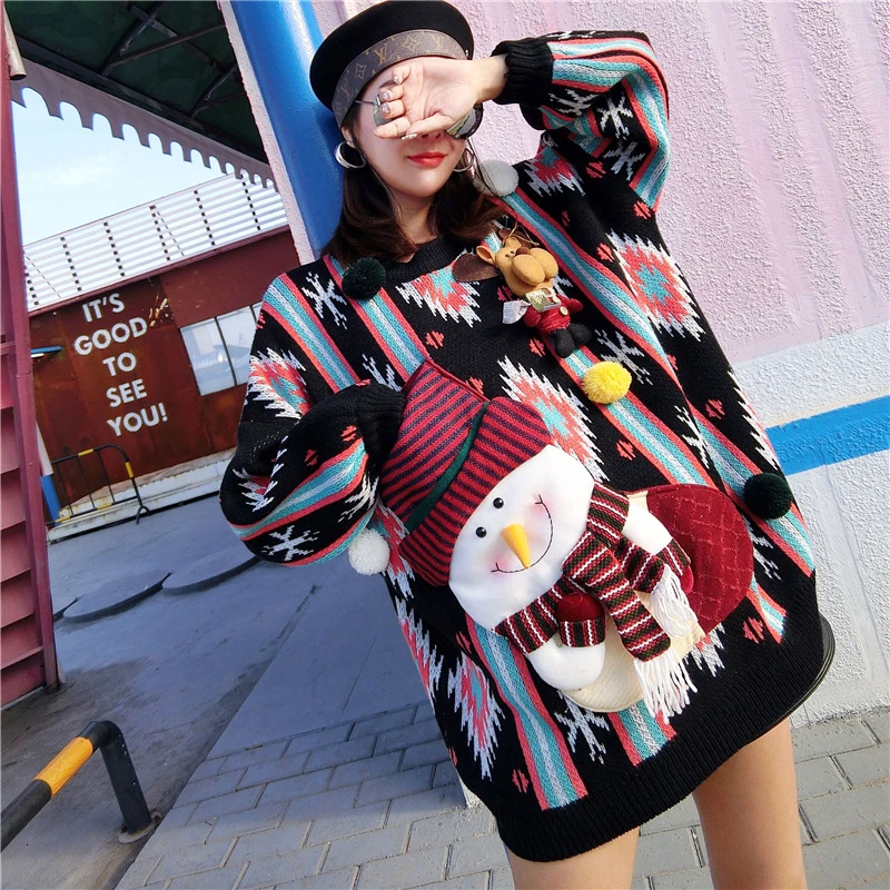Vefadisa Christmas Sweater Woman 2019 Appliques Pullovers Winter Warm Thick Knitting Tops O-Neck QYF1034 | Женская одежда