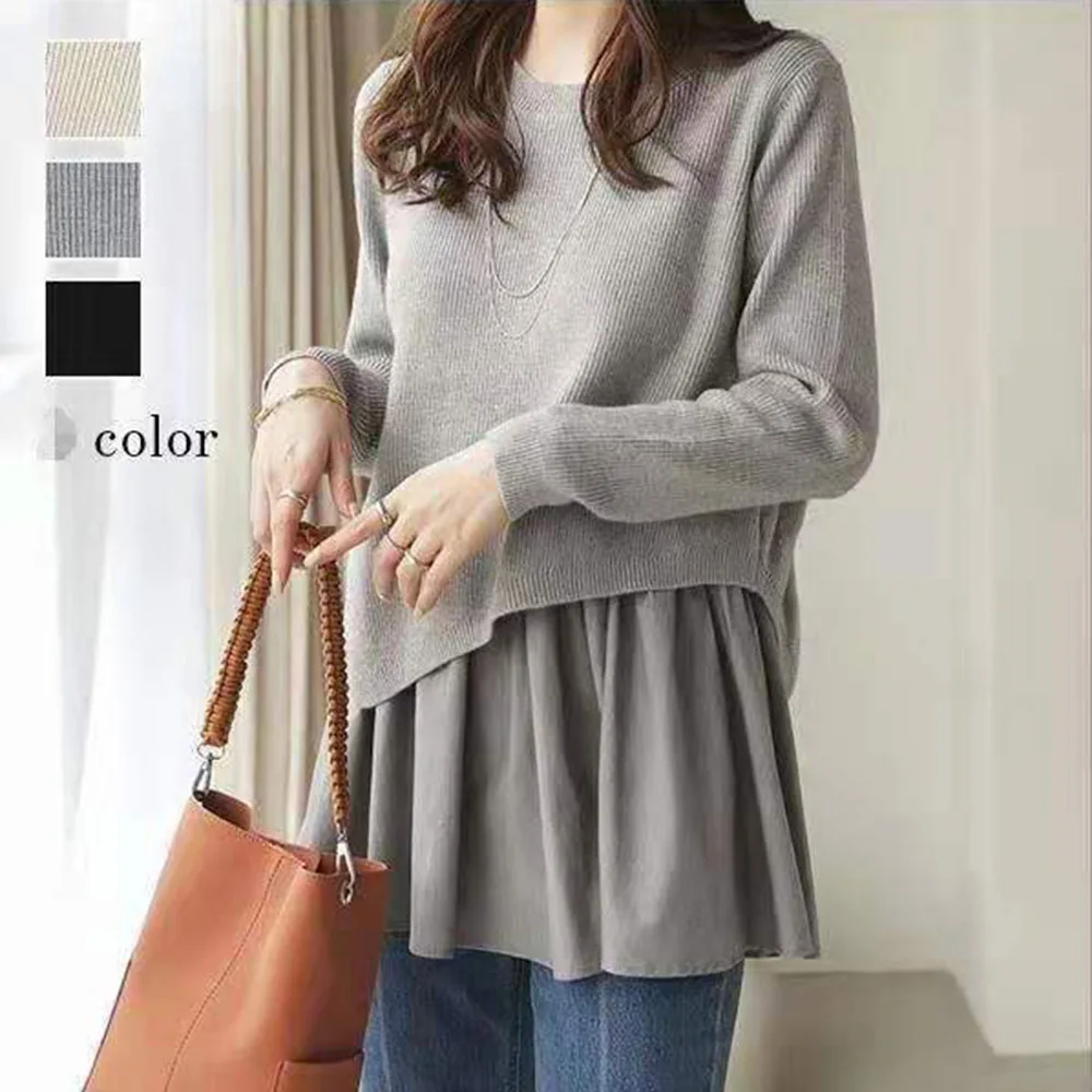 

Женский вязаный свитер с круглым вырезом, однотонный Повседневный Свободный Асимметричный свитер с длинными рукавами, модель 2021 в Корейско...