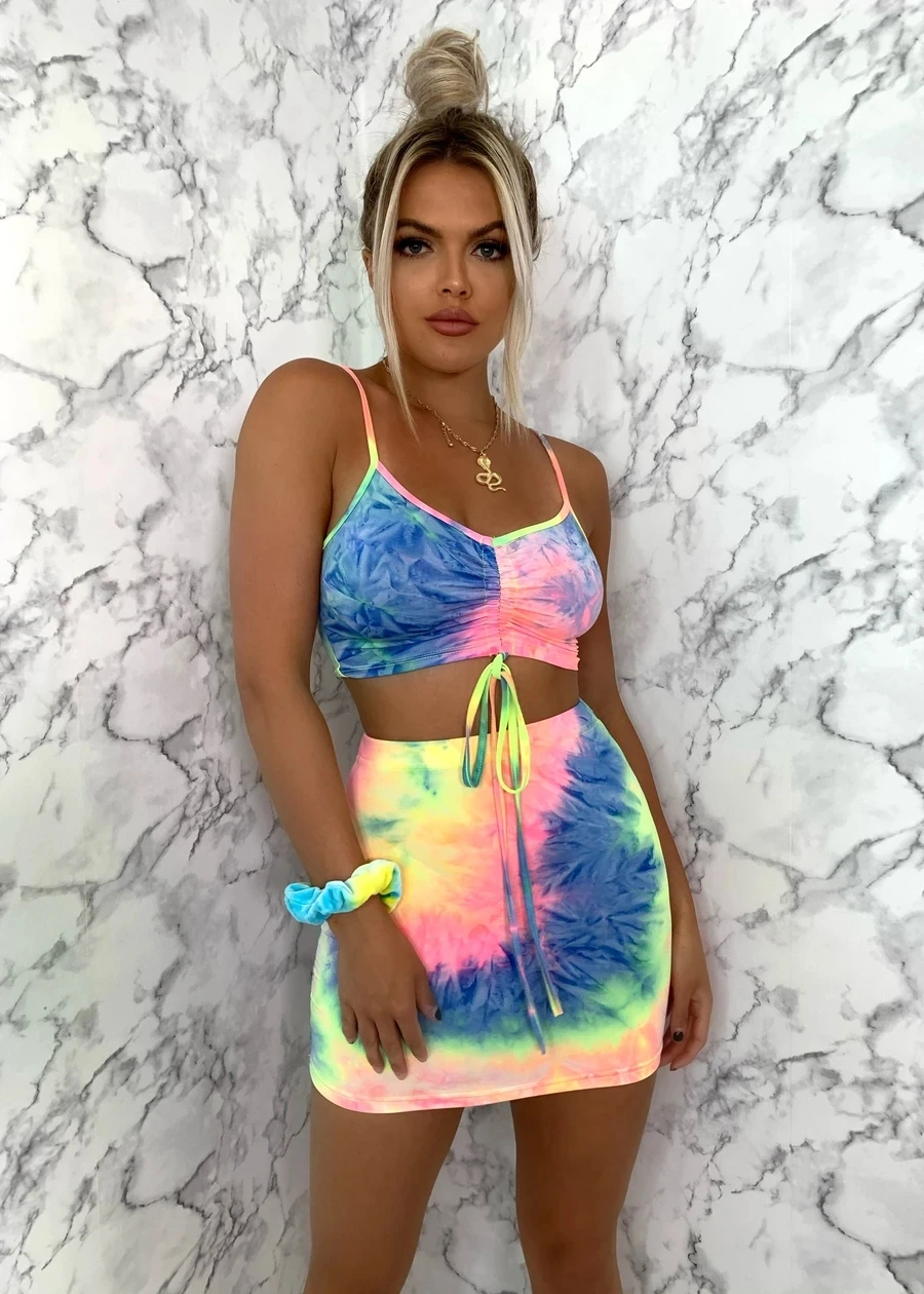 

2021 New Summer Neon Pencil Above Mini Dress Women Ruched Long Bandage Dress Sexy Strap Bodycon Tie Dye Party Clubwear