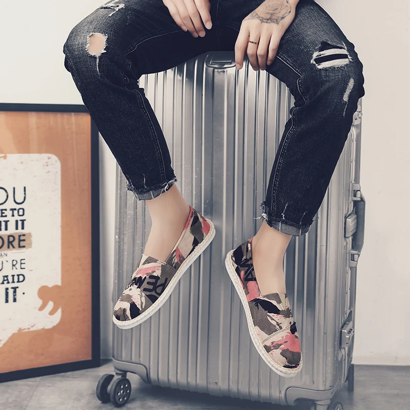 Мужские холщовые туфли красные камуфляжные ручной работы эспадрильи