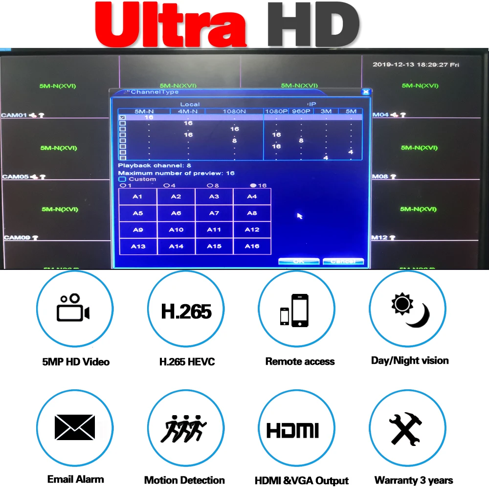 H.265 5MP 16CH AHD DVR Kit Onvif 16Pcs 5.0MP CCTV System аналоговая камера для безопасности Full HD In/outdoor Video