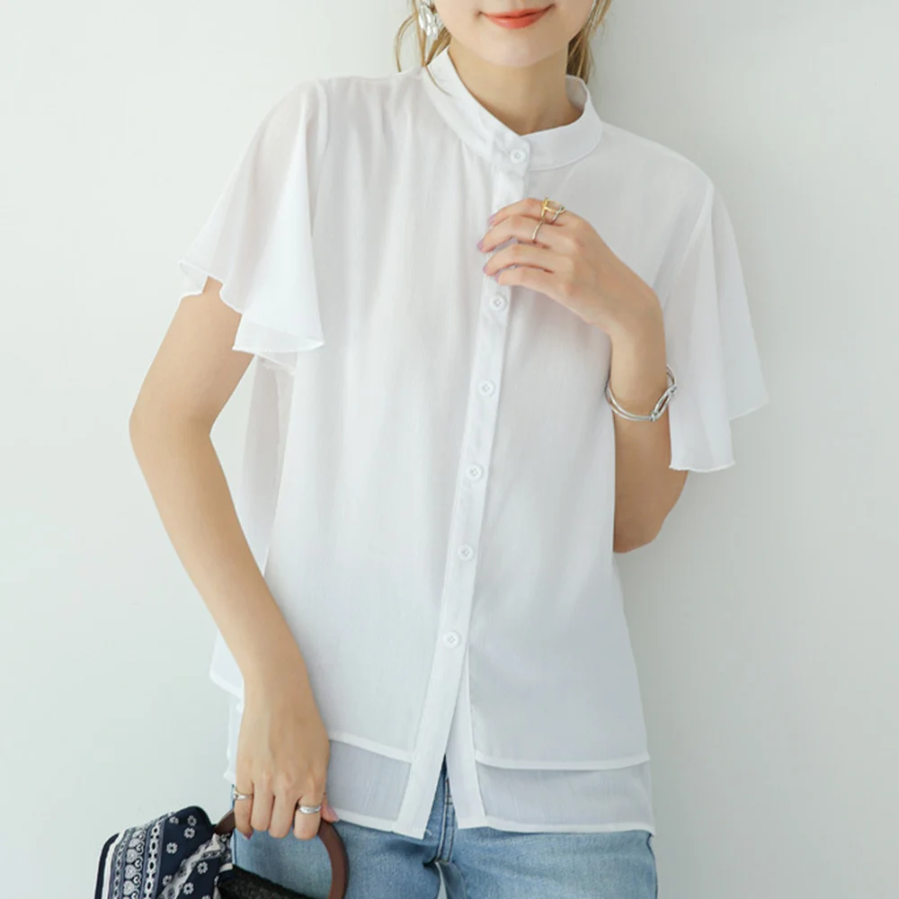 

2021 Summer New Loose All-match Stand-up Collar Solid Color Lotus Sleeve Chiffon Blouse Japanese Style Fashion Casual