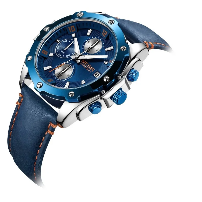 Часы MEGIR Мужские кварцевые с хронографом, деловые креативные армейские в стиле милитари, синие с кожаным ремешком от AliExpress WW