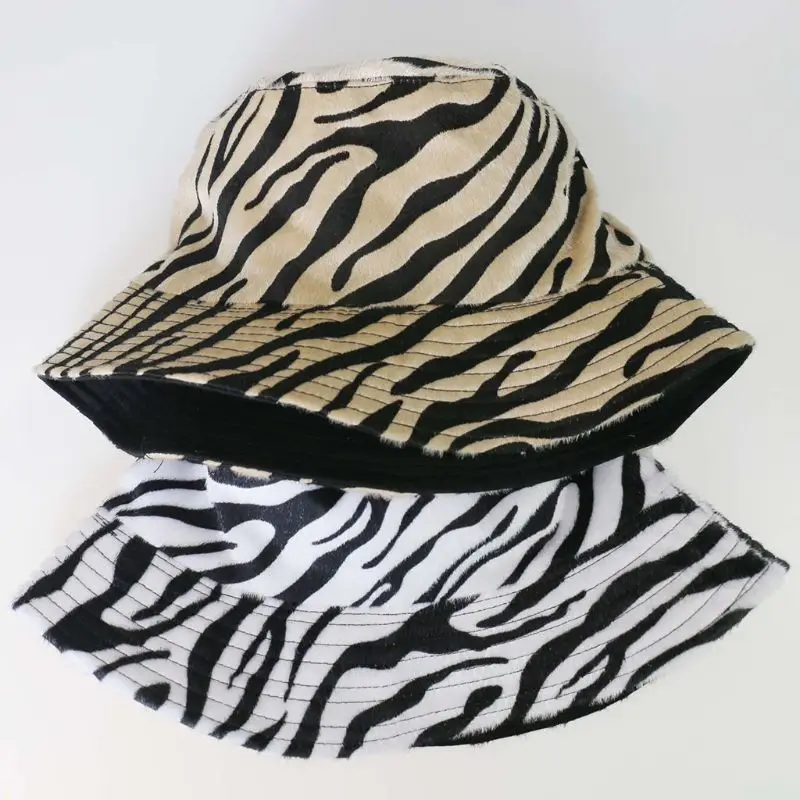 

Unisex Faux Felt Harajuku Bucket Hat Zebra Stripes Print Reversible Panama Cap PXPB