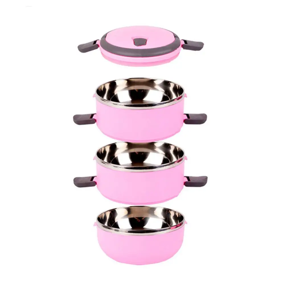 Pink Микроволновая печь Bento Box из нержавеющей стали Круглый герметичный термоизоляционный Ланч-бокс герметичный детский портативный контейнер для еды 1 шт - Цвет: Pink