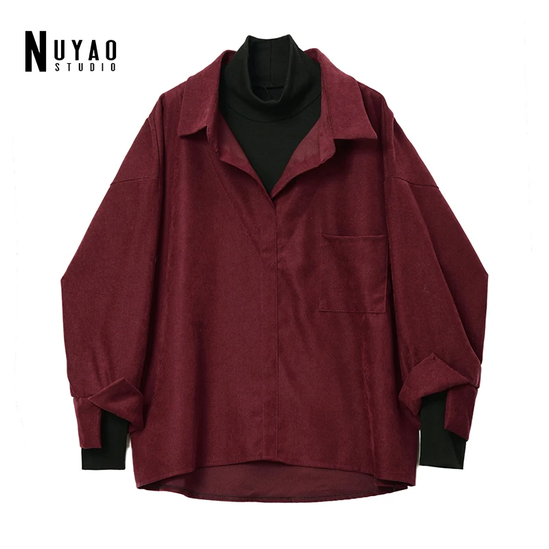 2021 Autumn Winter Fake Two Piece Shirt Women Patchwork Turtleneck Turn-down Collar Casual Lady Harajuku Female Loose Blouse Top