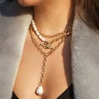 2021 summer new fashion chain pearl necklace for women baroque pearl metal charm pendants necklaces choker jewelry gold color