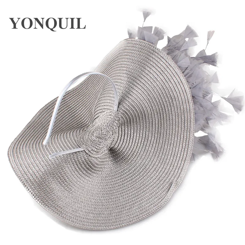 

Imitation Straw Big Derby Fascinator Hat Hair Clip Nice Flower Headpiece Headband With Fancy Feather Race Hair Accessories