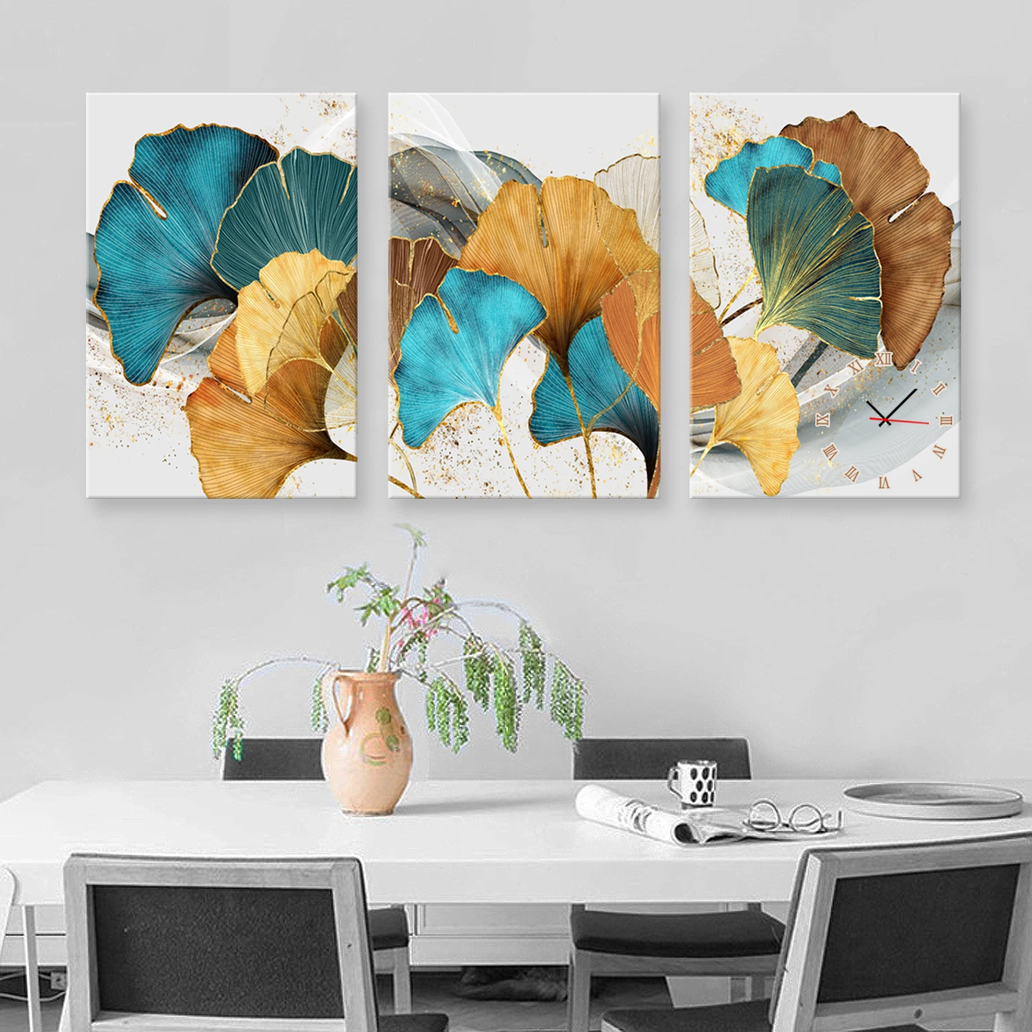 

E-HOME Ginkgo Leaves Series Clock in Canvas 3pcs wall clock 21032518