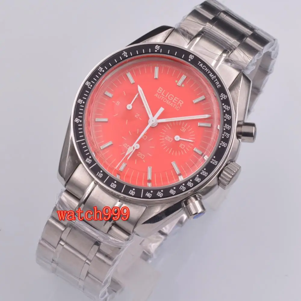 Мужские водонепроницаемые механические часы Bliger красные из нержавеющей стали с