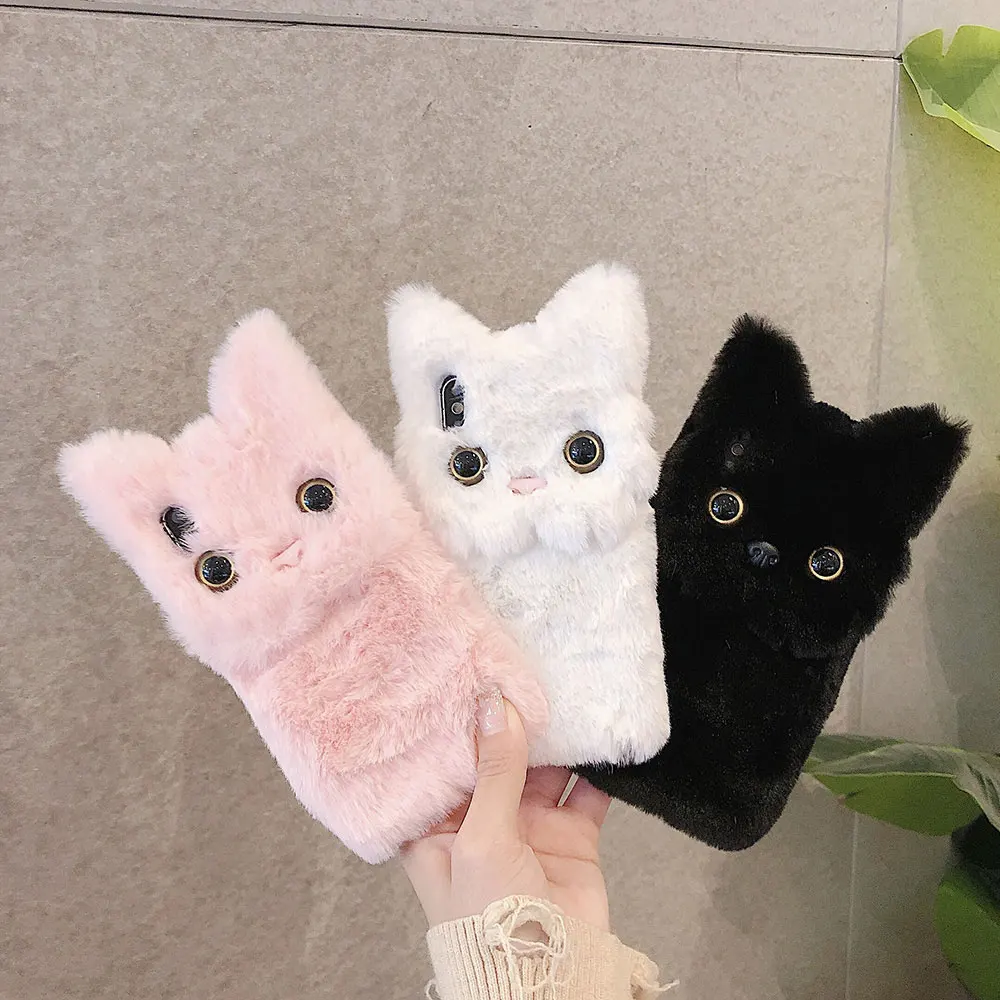 

Winter Warm Plush cap Case For IPhone 12 11 Pro Max XS Max XR XCute Cat Furry Fluffy Fur Cover For IPhone 6 6S 7 8 Plus Case