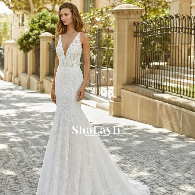 

Элегантные свадебные платья-русалки кружевные с вышивкой Простые платья на бретельках для невесты с аппликацией со шлейфом