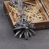 stainless steel thewitcher jewelry wizard 3 wild hunt game pendant necklace geralt wolf head necklace with wooden box