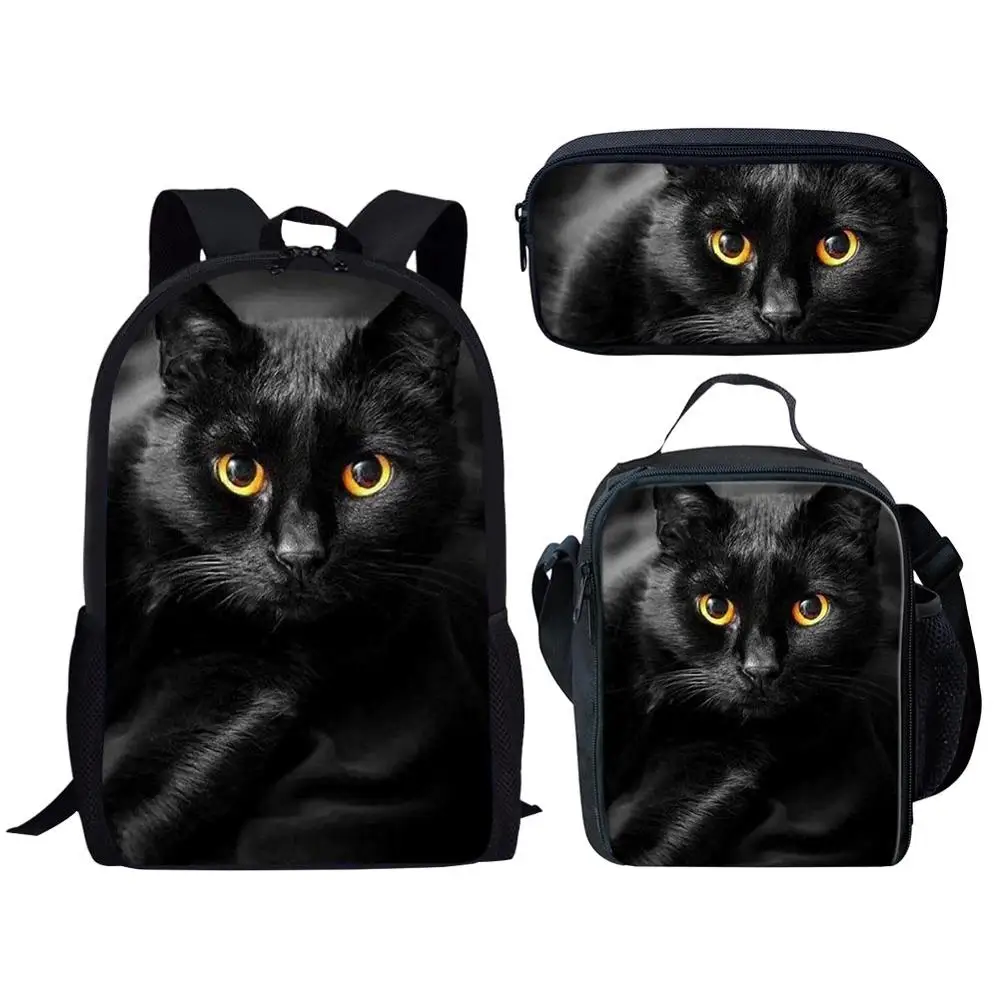 Детский школьный ранец для девочек-подростков, школьный рюкзак с 3D принтом милой черной кошки, сумки для мальчиков и девочек 3 шт./компл.