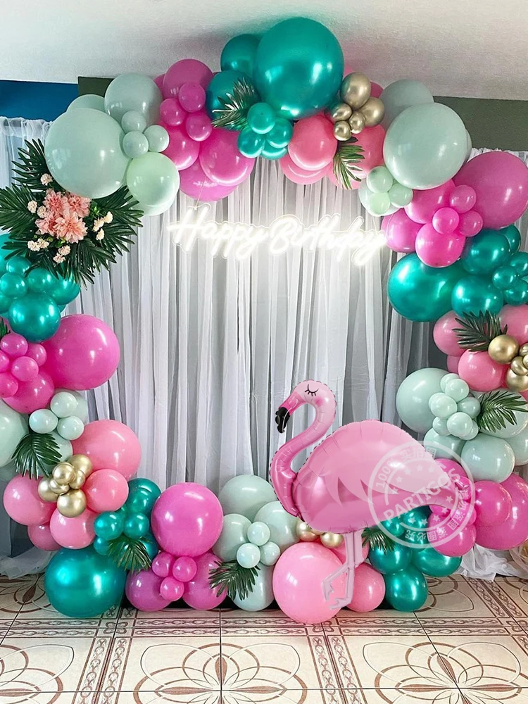 Globo de fiesta Hawaiano de flamenco Tropical para ni&ntilde;os, guirnalda de Globos rosa azulado, decoraci&oacute;n de fiesta Aloha, suministros de cumplea&ntilde;os, 128 Uds.-1