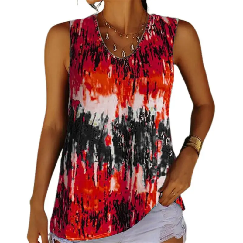 

Tie Dye Vest Loose Women Sleeveless Fashion V-neck Printed Tank Tops Lady Holiday Style Camisole Summer 2021 Casual Tee