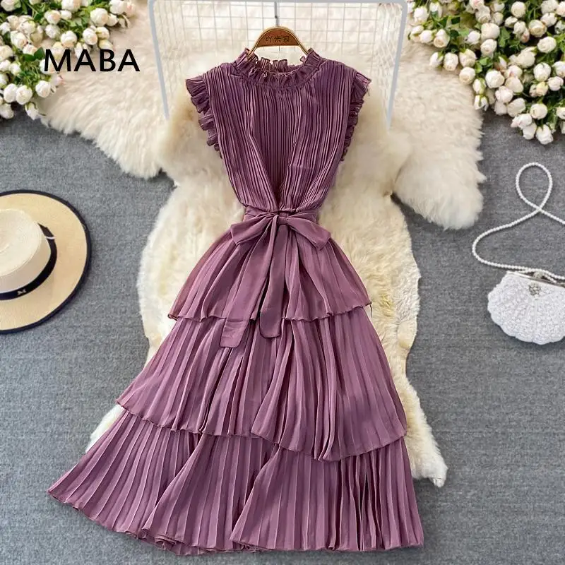 

New Women Tank Dress Summer Ruffled Collar Sleeveless High Waist Solid Pleated Cascading Ruffle Dress Elegant Holiday Cake Dres