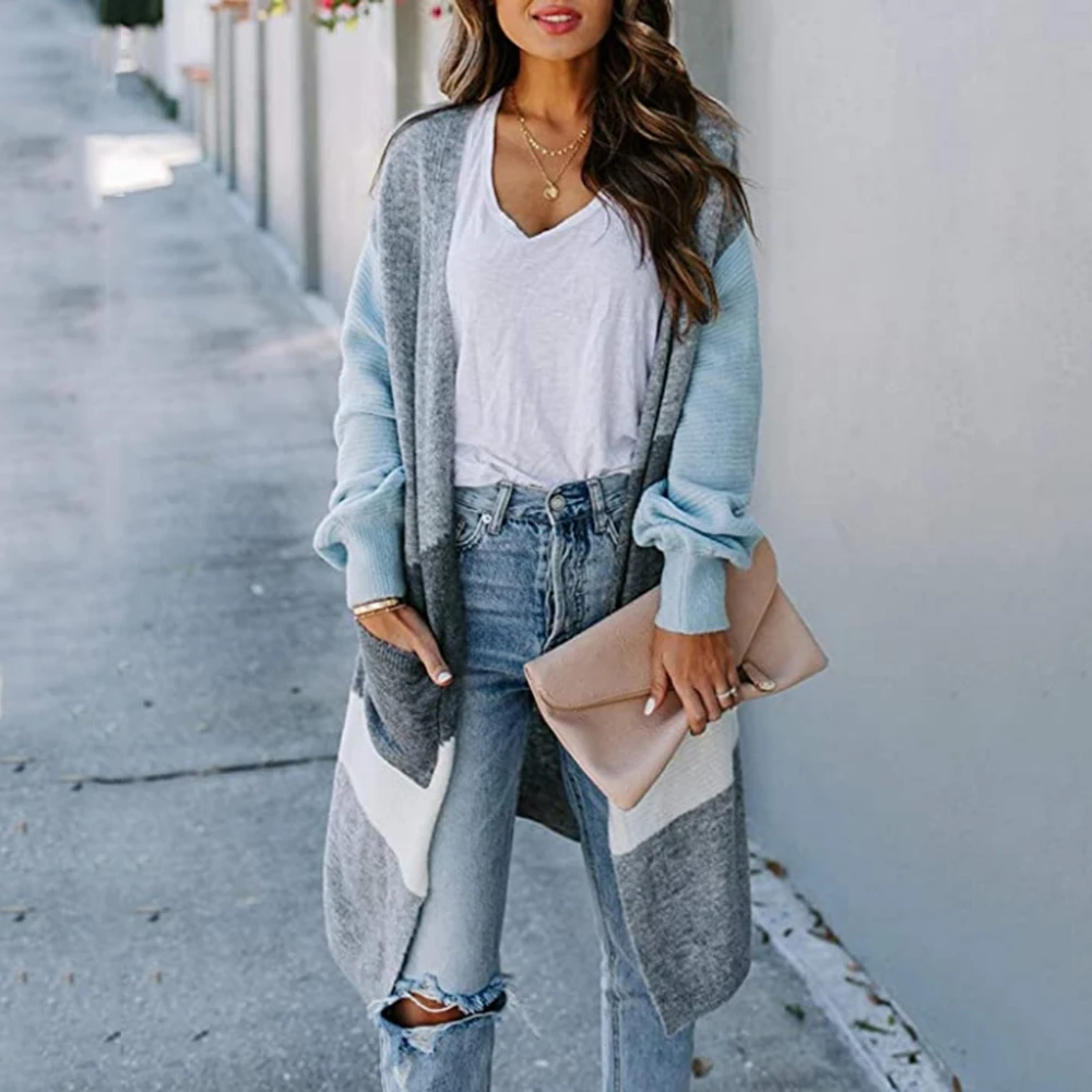 

Women Long Sleeve Open Front Thin Autumn Coat Lightweight Casual Sweater Striped Color Block Draped Loose Cardigan Knit