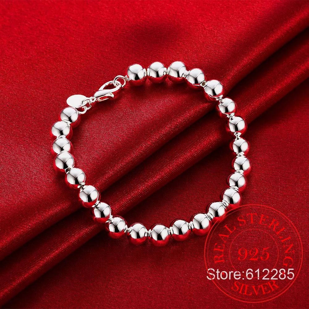 

925 Sterling Silver Bracelet Lucky Round Prayer 8MM Beads Bracelets & Bangles Pulseras For Men and Women Jewelry