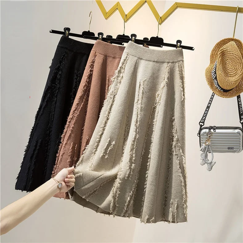 

Tassel Hem Knitted Solid Color Midi Skirts Elastic Band High Waist Autumn Winter Korean Fashion Sukienka Elegant All-Match W03