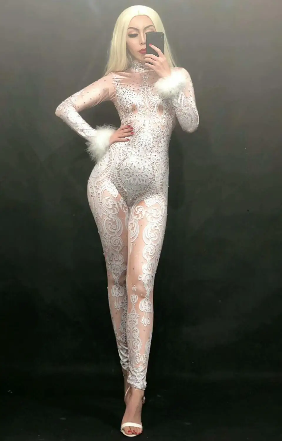 

Sexy White Lace Rhinestones Feathers Bodysuit Female Singer Stage Jumpsuit Celebrate Party Costume Glisten Stretch Nude Outfits