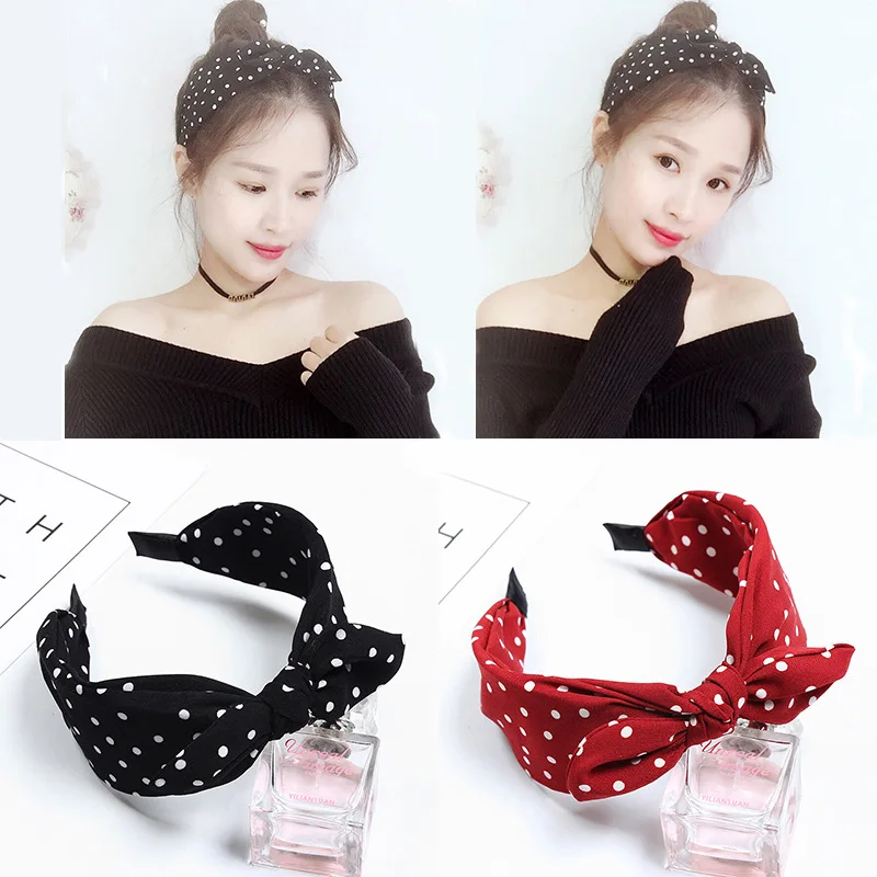 

Korean Bowknot Dot Headbands Vintage Rabbit Ear Hairbands Sweet Knot Tie Head Hoop Women Headband Headwear