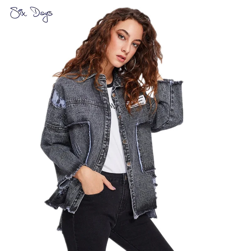 

Spring Vintage Black Denim Jacket Women Leisure Frayed Hem Coat Long Sleeve Appliques Newspaper Pattern Outerwear Jeans Jacket