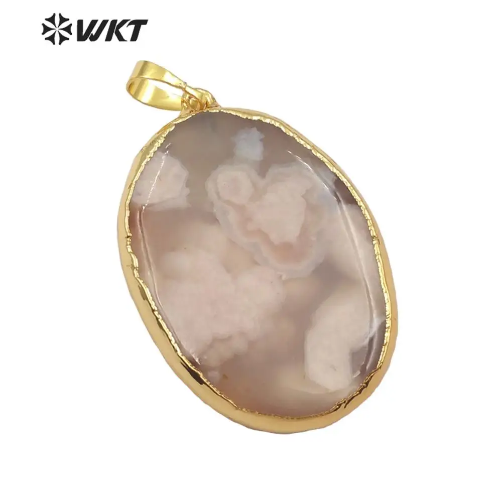 

WT-JP125 Natural Cherry Blossom Agates Pendant Egg Shape Pink Flower Pendant With Gold Bezel Boho Jewelry For Women