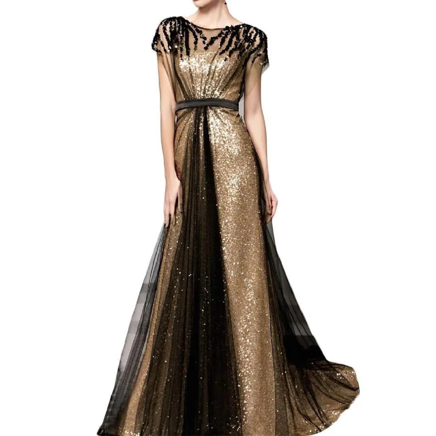 

Gold Black Squin Long Evening Dress 2019 Gold Black Beads with Short Sleeves Formal Party Prom Gown robe de soiree