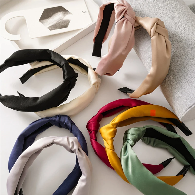 

Head Hoop Fashion Silky Satin Headband Twist Wide Side Hair Hoop Cross Knot Accessories Solid Color Pure Color Satin Headband