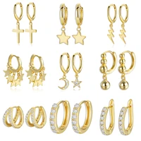 925 sterling silver earrings gold color cross moon star cz zircon small circle huggie hoop earrings for women fine jewelry