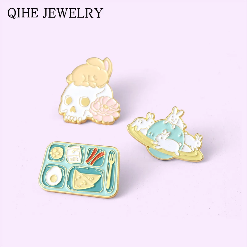 Мультфильм кролик эмали штырь череп планета завтрак Броши для женщин милые