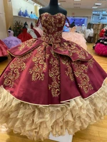 2022 quinceanera dresses burgundy golden appliques ball gown formal girl spaghetti strap masquerade party gowns sweet 15 year