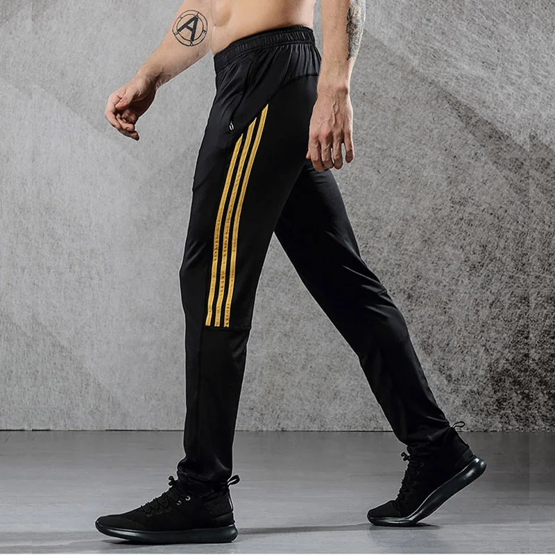 black golden BINTUOSHI, дышащие спортивные штаны, Мужские штаны для бега с карманами на молнии, высокая эластичность, тренировочные штаны для фитнеса, штаны для мужчин - Цвет: black golden