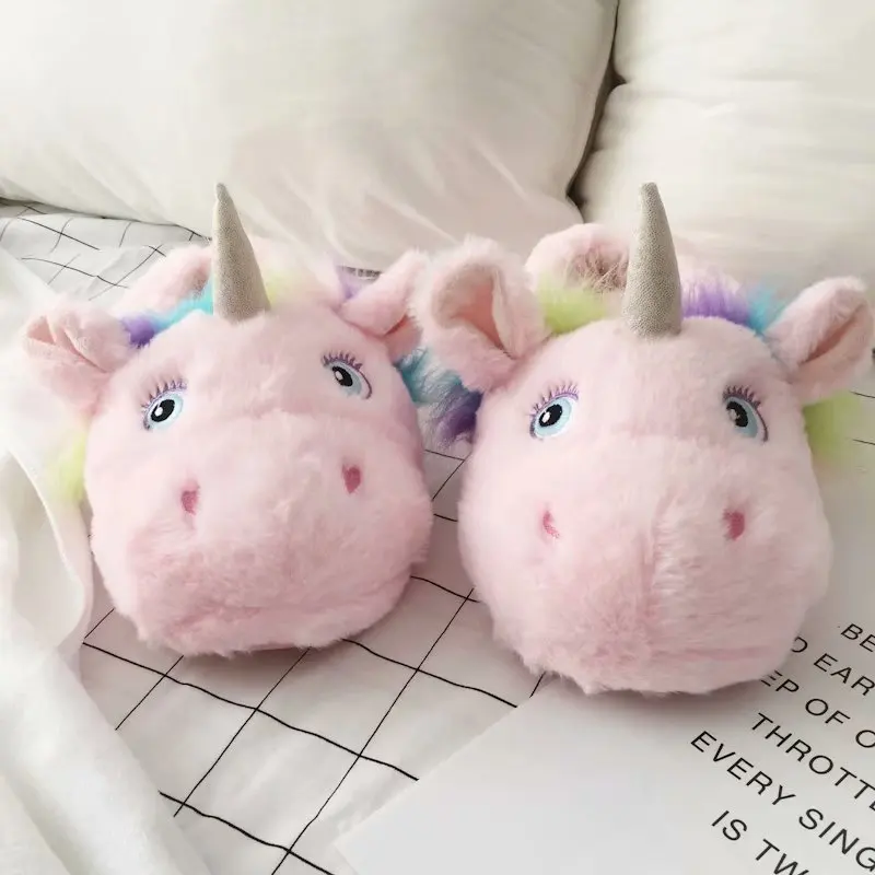 

Осенне-зимние женские теплые тапочки на каблуке с милым сердцем и единорогом для девушек домашняя обувь для пола домашние Нескользящие хло...