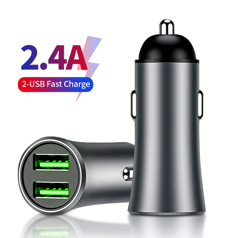 

Dual Car Charger 2.4A 2 Ports USB Charging Fast Charge For Mobile Phone in Car Adapter Multiple Protection Metal Material No Hot