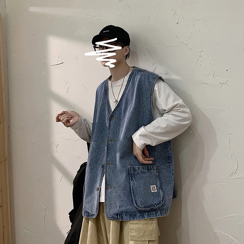 

Spring Autumn Retro Denim Vest Men Korean Fashion Trend Light Blue Hong Kong Style Sleeveless Loose Couple Outdoors Waistcoat