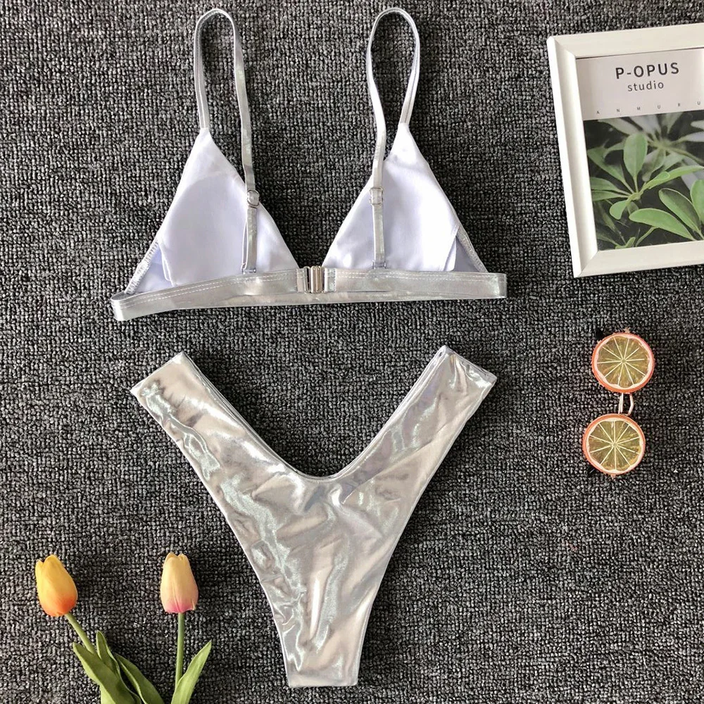 

New Women's Bra Suit Bikini Women's Swimsuit Sexy Open Back High Elastic Triangle Simple Beach Bright Leather Women's Swimsuit