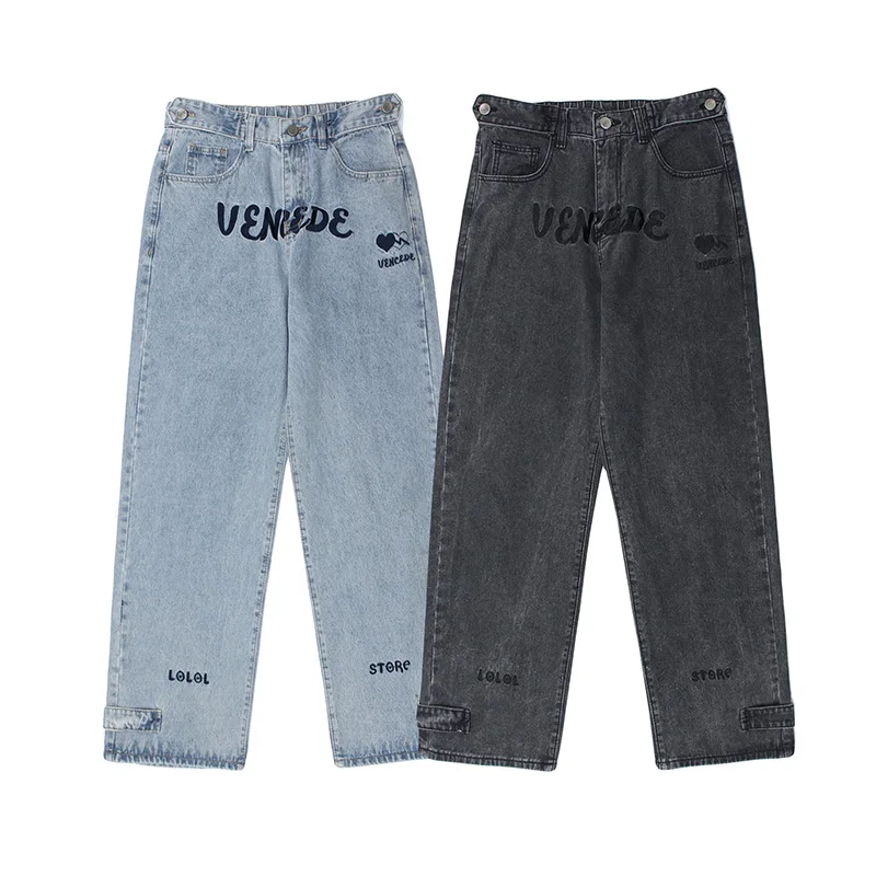 

Letter Embroidery Wide Leg Straight Retro Denim Men and Women Washed High Street Loose Casual Jeans Pants