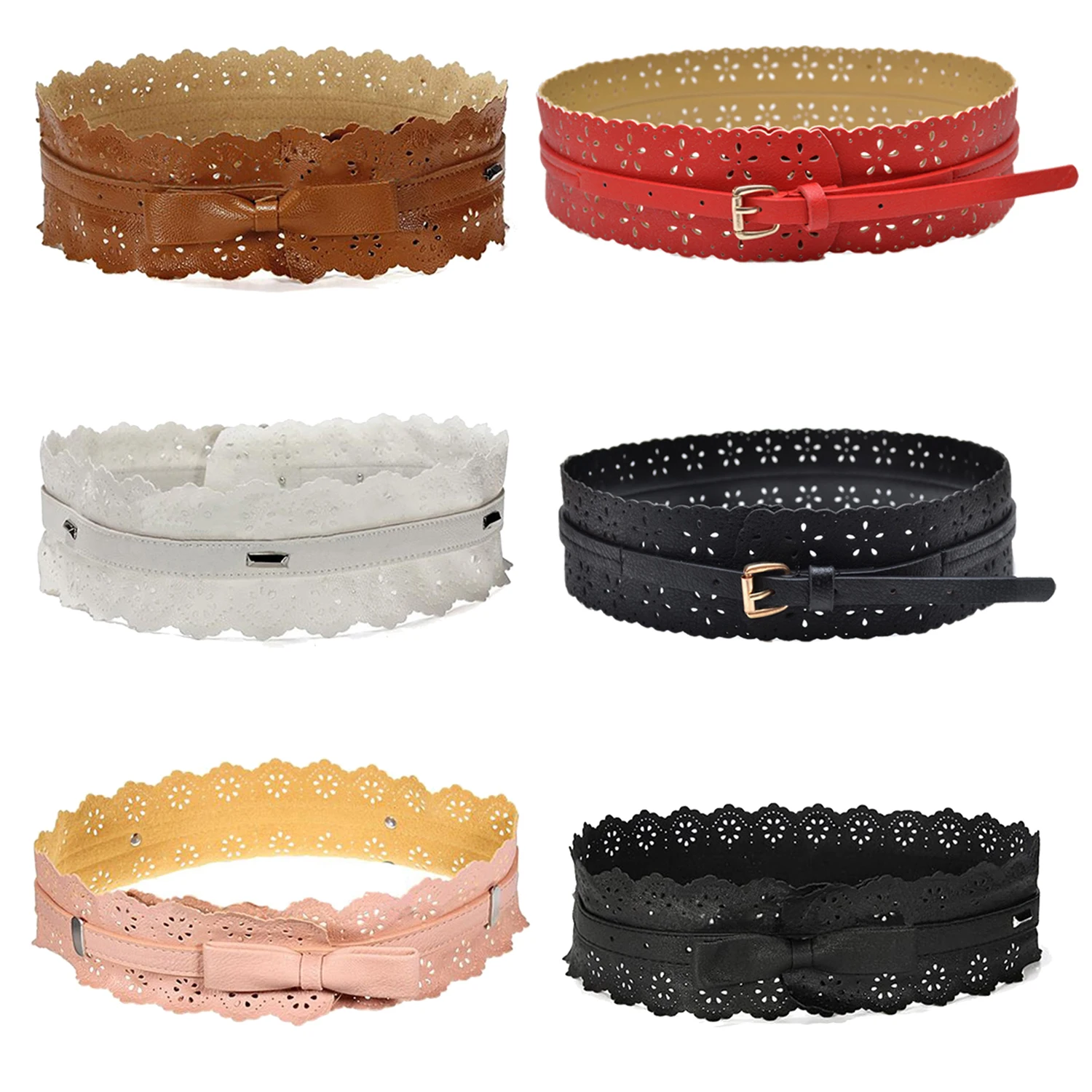 

Women's Vintage Hollow Flowers Wide Waist Waistband Buckle Belts(Black)