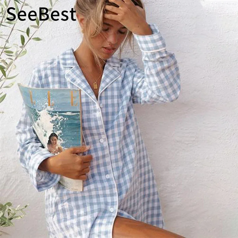 

SeeBest, 2020, спринт, летние хлопковые пижамы, женские клетчатые пижамы с длинным рукавом, домашняя одежда, пижамы для отдыха, комплект повседневной одежды