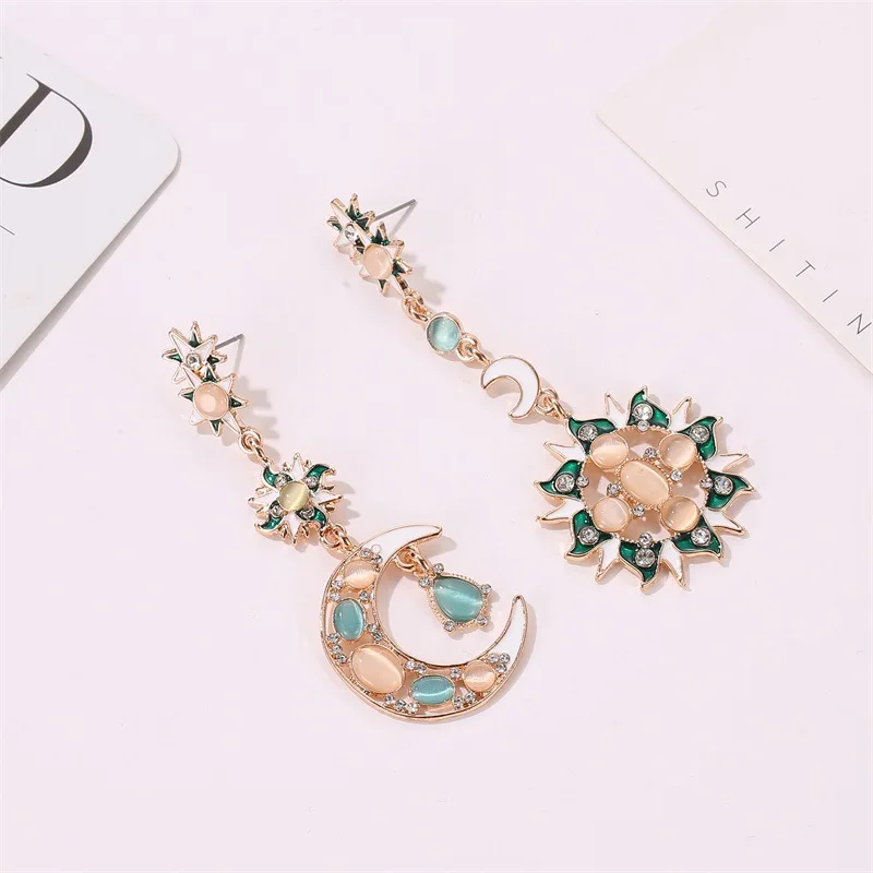

2020 New Brand Design Crystal Opal Moon Sun Star Dangle Earrings for Women Girls Chic Bohemia Colorful Rhinestone Drop Earrings