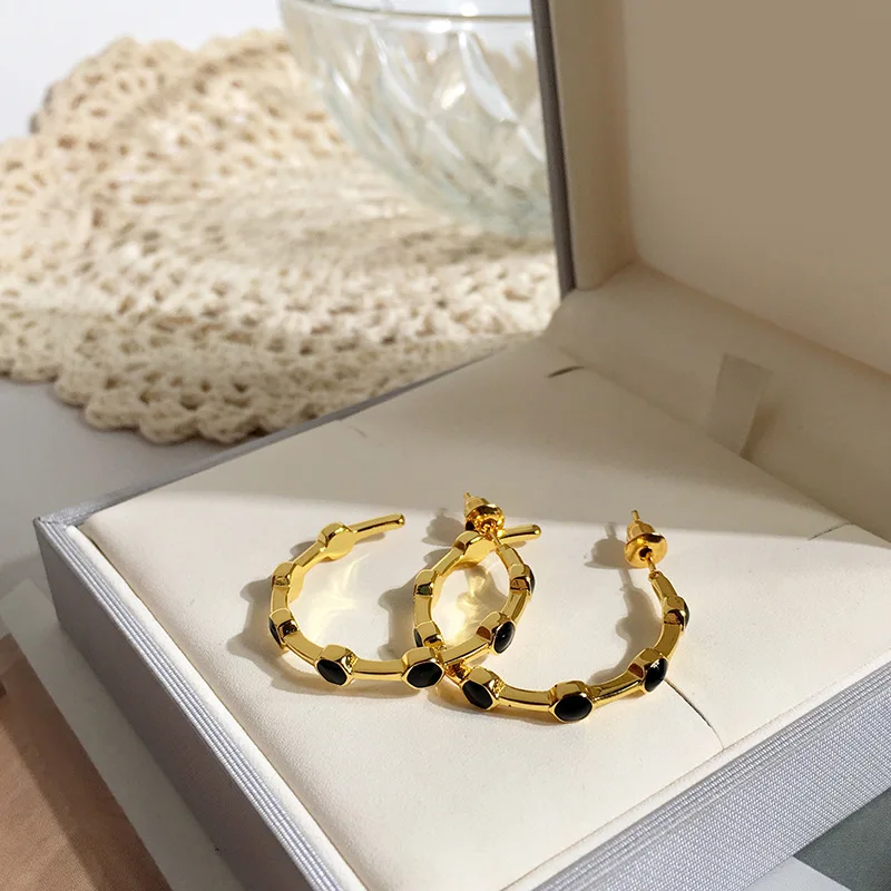 

Brass With 18K Gold Geo Natural Stone Enemal Drop Earrings Women Jewelry Punk Party Gown Runway Korean Japan INS Fashion