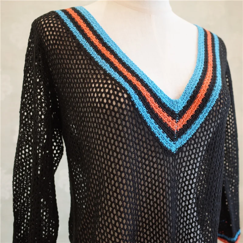 Вязаное пляжное платье с V-образным вырезом саронг кафтан Пляжная туника пляжный