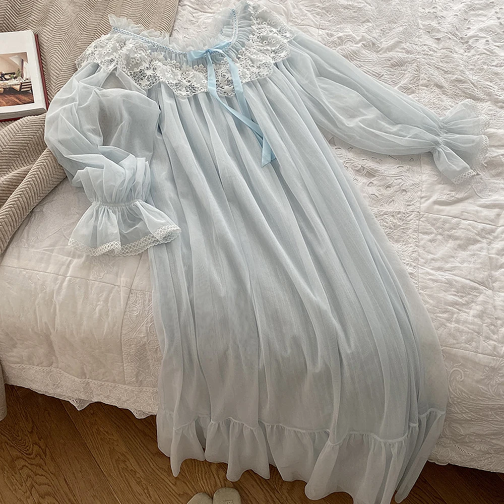 

2020 New Spring and Autumn Princess Wind Lace Nightdress Women French Palace Homewear White Blue Large Size Bathrobe S TO XL