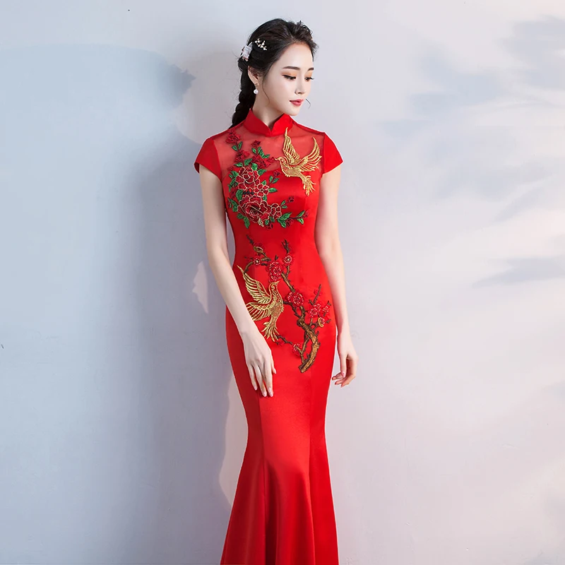 Красные женские длинные вечерние платья русалки Cheongsam в китайском стиле с