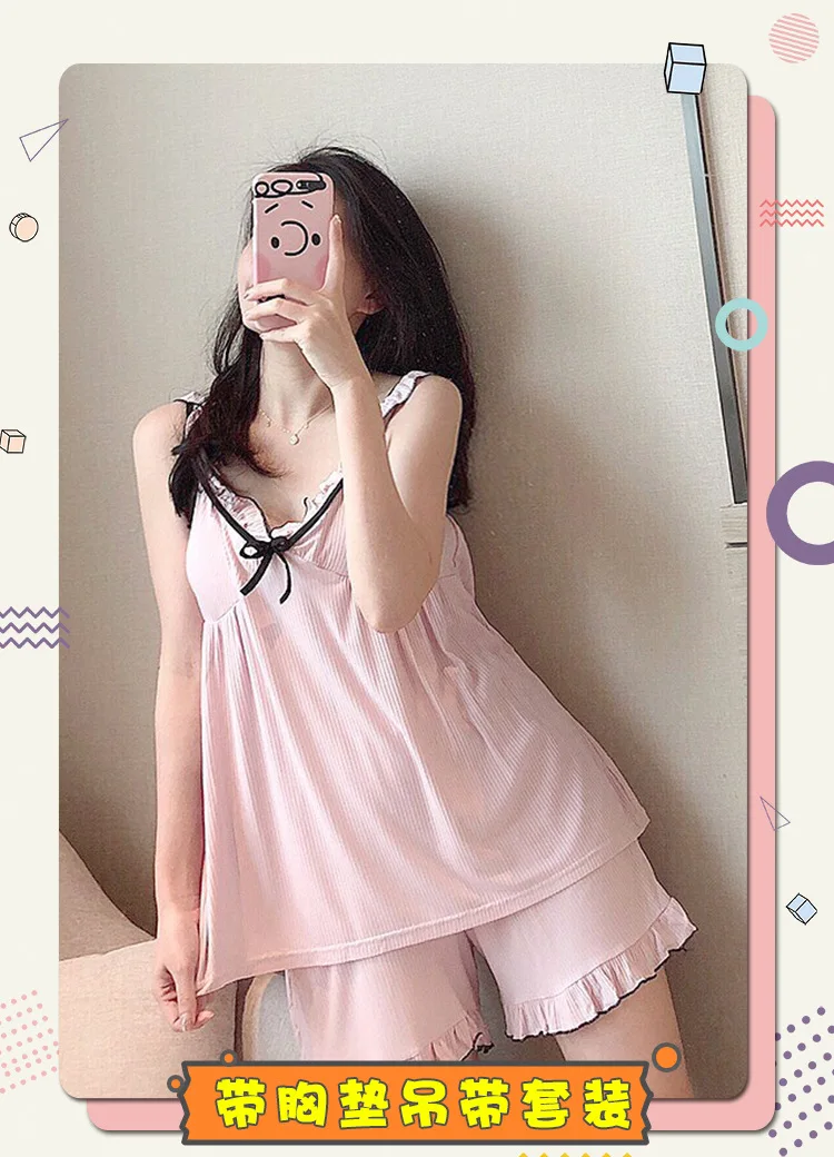 Women's Summer Sling Pajamas Set Shorts Modal Sweet Wind Belt Bra Ear Edge Sexy Nightgown Suit Home Wear Sleepwear Nightwear